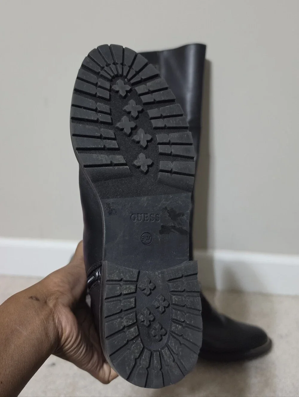 Guess Over the Knee Boots Black Tan Monogram Logo Size 9.5